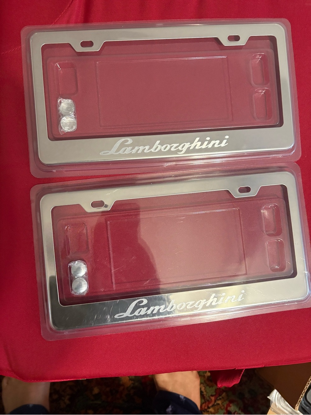 Lamborghini Silver License Plate Frames with Script Logo laser cut authentic